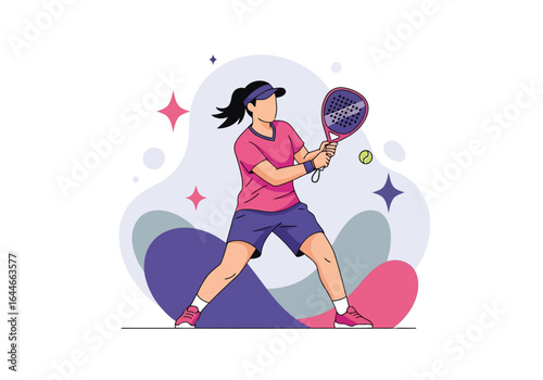 Vector art of female padel tennis player with racket and ball isolated on white background