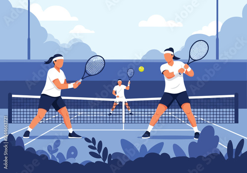Vector art of two women playing tennis on the court isolated on white background