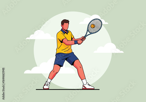 Vector art of tennis player hitting the ball with racket on the court during a match