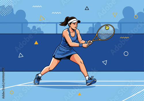 Vector art of female tennis player in action on the court, vector illustration