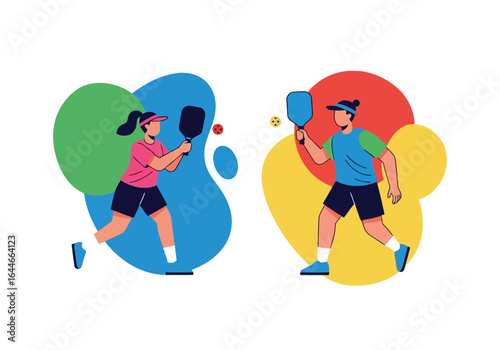 Vector art of two pickleball players compete in a match with colorful background