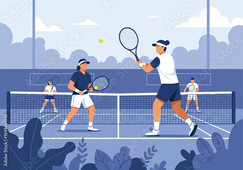 Vector art of two tennis players playing a match on the court isolated on white background