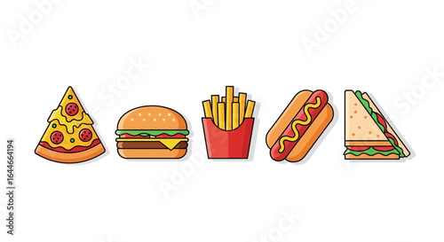 Colorful Cartoon Fast Food Icons Pizza, Burger, Fries, Hot Dog, and Sandwich