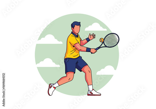 Vector art of tennis player hitting the ball with racket on the court in a match