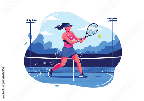 Vector art of female tennis player hitting the ball with racket isolated on white background