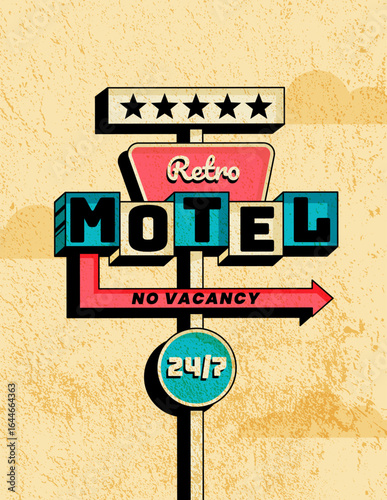Retro motel sign and road trip element vertical poster with arrow and bold text. Vector illustration in vintage colors and textured 70s style for print, wall art, branding, social media