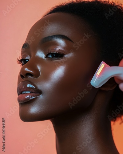 Closeup of a African woman receiving laser treatment flawless skin natural beauty expression clean isolated on a pastel background premium skincare and beauty portrait