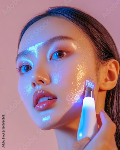 Closeup of a Asian woman receiving Hydra facial flawless skin natural beauty expression clean isolated on a pastel background premium skincare and beauty portrait