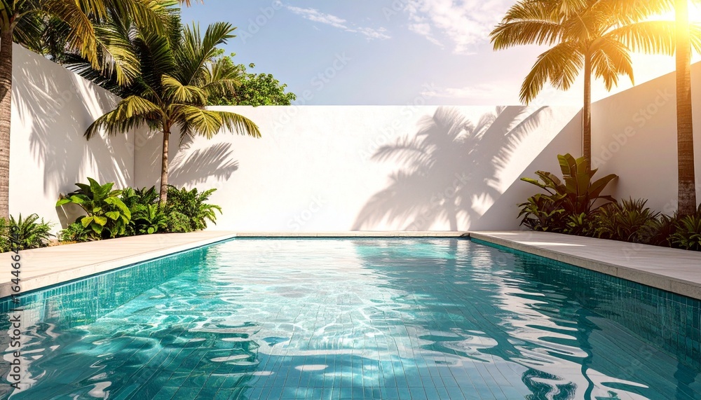 Fototapeta premium private swimming pool with clear turquoise water, surrounded by a white modern wall, palm trees on both sides casting soft shadows on the wall, sunset 
