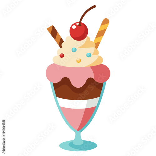 Ice cream sundae with cherry and wafer sticks isolated on white background