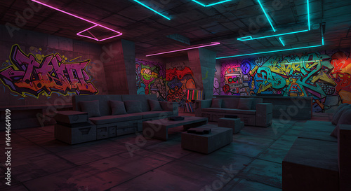 Vibrant Graffiti Lounge A Modern Urban Hideaway with Neon Accents