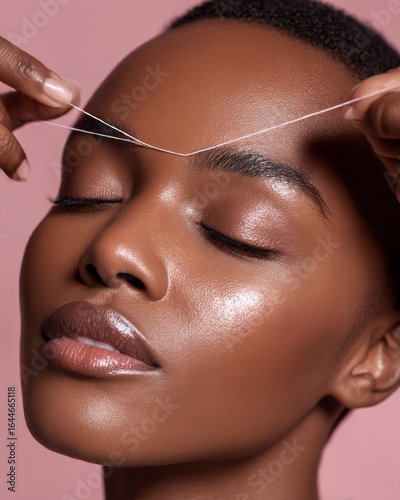 Closeup of a African woman receiving eyebrow threading flawless skin natural beauty expression clean isolated on a pastel background premium skincare and beauty portrait