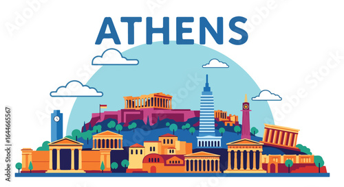 Flat vector illustration of Athens skyline featuring the Acropolis, Parthenon, and ancient Greek architecture, perfect for travel, tourism, cultural heritage, and historical cityscape design projects