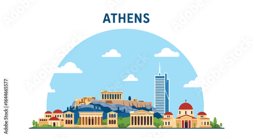 Flat vector illustration of Athens skyline featuring the Acropolis, Parthenon, and ancient Greek architecture, perfect for travel, tourism, cultural heritage, and historical cityscape design projects
