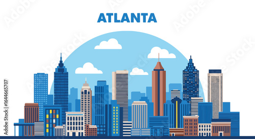 Flat vector illustration of Atlanta skyline with iconic skyscrapers and modern architecture, ideal for travel, tourism, urban design, cityscape art, and Georgia metropolitan landscape projects