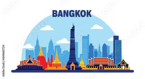 Flat vector illustration of Bangkok skyline featuring iconic temples, golden stupas, and modern skyscrapers, perfect for travel, tourism, cultural, and Southeast Asia cityscape design projects