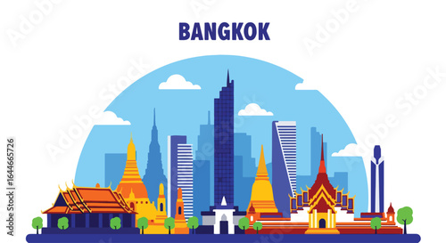 Flat vector illustration of Bangkok skyline featuring iconic temples, golden stupas, and modern skyscrapers, perfect for travel, tourism, cultural, and Southeast Asia cityscape design projects