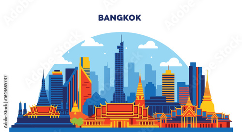 Flat vector illustration of Bangkok skyline featuring iconic temples, golden stupas, and modern skyscrapers, perfect for travel, tourism, cultural, and Southeast Asia cityscape design projects