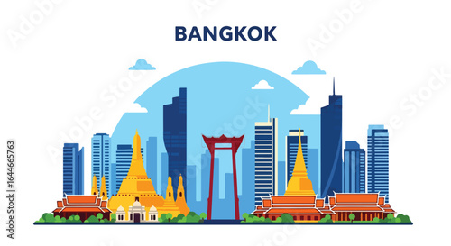 Flat vector illustration of Bangkok skyline featuring iconic temples, golden stupas, and modern skyscrapers, perfect for travel, tourism, cultural, and Southeast Asia cityscape design projects