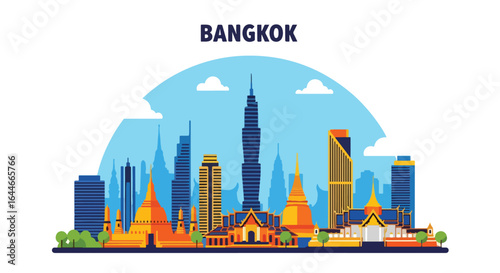 Flat vector illustration of Bangkok skyline featuring iconic temples, golden stupas, and modern skyscrapers, perfect for travel, tourism, cultural, and Southeast Asia cityscape design projects