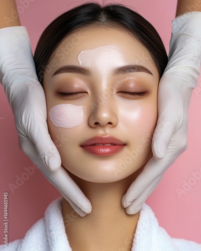 Closeup of a Asian woman receiving Hydra facial flawless skin natural beauty expression clean isolated on a pastel background premium skincare and beauty portrait