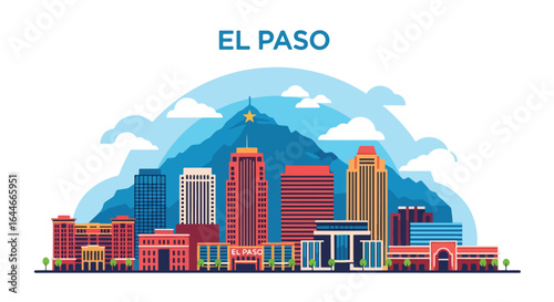 Flat vector illustration of El Paso skyline with colorful modern and historic buildings, perfect for travel, tourism, architecture, and Texas cityscape design and creative urban projects