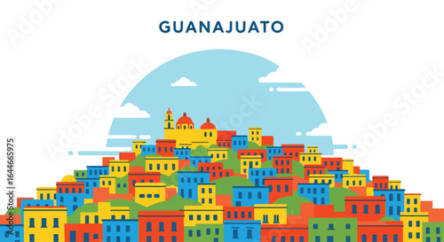 Flat colorful illustration of Guanajuato skyline with vibrant hillside houses and historic architecture, perfect for travel, tourism, and Mexican cultural cityscape design projects