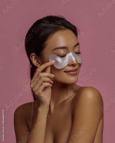 Closeup of a Asian woman receiving blackhead mask flawless skin natural beauty expression clean isolated on a pastel background premium skincare and beauty portrait