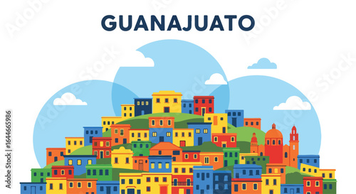 Flat colorful illustration of Guanajuato skyline with vibrant hillside houses and historic architecture, perfect for travel, tourism, and Mexican cultural cityscape design projects