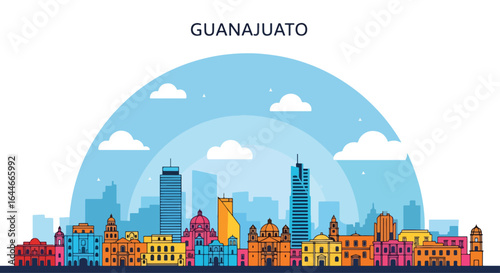 Flat colorful illustration of Guanajuato skyline with vibrant hillside houses and historic architecture, perfect for travel, tourism, and Mexican cultural cityscape design projects