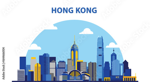 Flat colorful illustration of Hong Kong skyline featuring International Commerce Centre, and iconic skyscrapers, perfect for travel, tourism, and modern city design projects