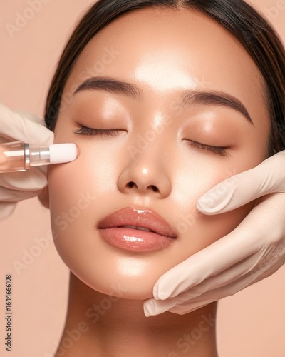 Closeup of a Asian woman receiving laser treatment flawless skin natural beauty expression clean isolated on a pastel background premium skincare and beauty portrait