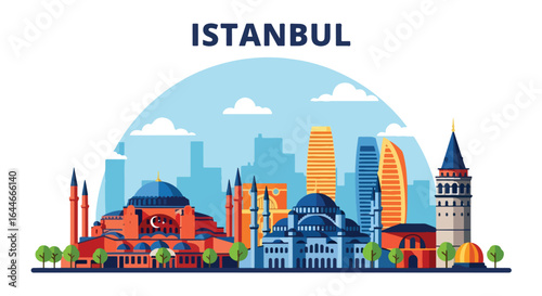 Flat colorful illustration of Istanbul skyline featuring Hagia Sophia, Blue Mosque, Galata Tower, Bosphorus Bridge, and modern skyscrapers, perfect for travel, tourism, and Turkey-themed designs
