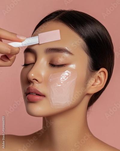 Closeup of a Asian woman receiving face wax flawless skin natural beauty expression clean isolated on a pastel background premium skincare and beauty portrait