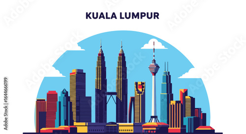 Flat vibrant illustration of Kuala Lumpur skyline modern skyscrapers under a blue sky, perfect for travel, tourism, and Malaysia-themed designs.