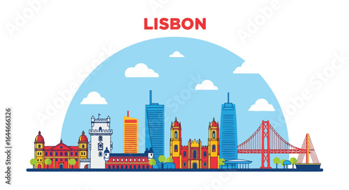 Flat colorful illustration of Lisbon city skyline featuring Belem Tower, 25 de Abril Bridge, and iconic Portuguese architecture under a clear blue sky, ideal for travel and tourism projects