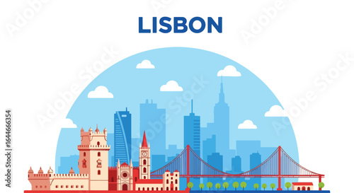 Flat colorful illustration of Lisbon city skyline featuring Belem Tower, 25 de Abril Bridge, and iconic Portuguese architecture under a clear blue sky, ideal for travel and tourism projects