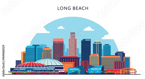 Flat colorful illustration of Long Beach city skyline featuring modern high-rise buildings, waterfront attractions, aquarium, cruise ship, and sailboats under a bright blue sky with clouds