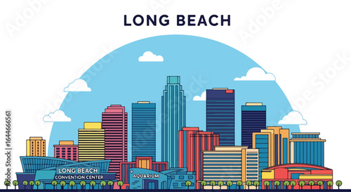 Flat colorful illustration of Long Beach city skyline featuring modern high-rise buildings, waterfront attractions, aquarium, cruise ship, and sailboats under a bright blue sky with clouds