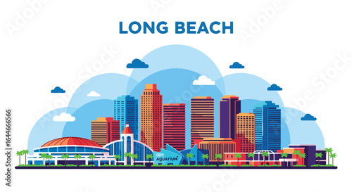 Flat colorful illustration of Long Beach city skyline featuring modern high-rise buildings, waterfront attractions, aquarium, cruise ship, and sailboats under a bright blue sky with clouds