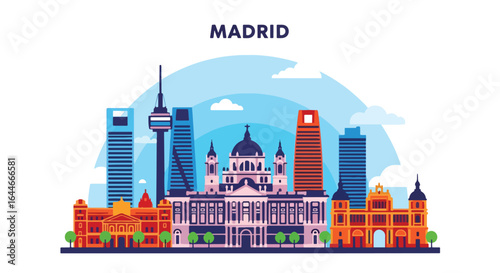 Flat colorful illustration of Madrid city skyline featuring historic palaces, iconic towers, modern skyscrapers, and cultural landmarks under a bright blue sky with scattered clouds