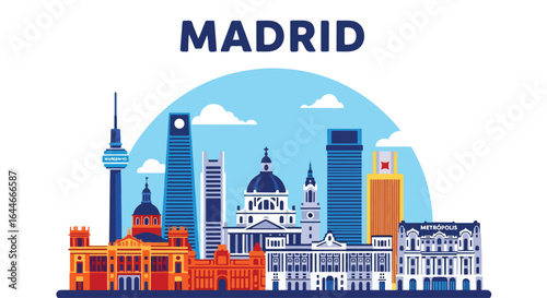 Flat colorful illustration of Madrid city skyline featuring historic palaces, iconic towers, modern skyscrapers, and cultural landmarks under a bright blue sky with scattered clouds