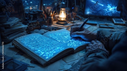 Writing luminous manuscript in aged scholar's room filled with artifacts
