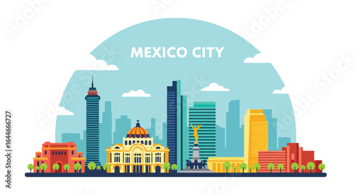 Flat colorful illustration of Mexico City skyline featuring historic landmarks, modern skyscrapers, iconic monuments, and cultural architecture under a bright blue sky with clouds