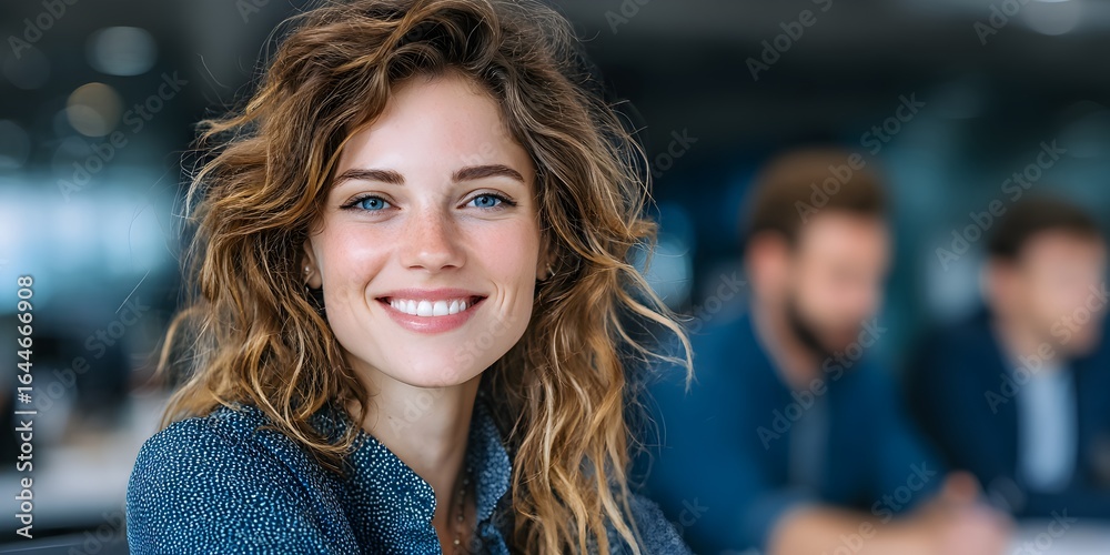 Fototapeta premium A young woman with curly hair and a bright smile looks confidently at the camera in an office setting.