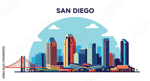 Flat colorful illustration of San Diego city skyline featuring modern skyscrapers, iconic bridges, and waterfront architecture under a bright blue sky with clouds, capturing the vibrant coastal