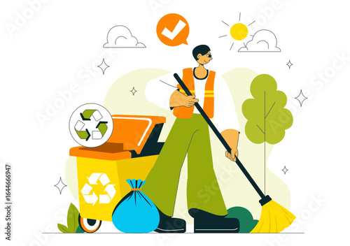 Sanitation Vector Illustration featuring People Cleaning Up Garbage and Disposing of it Properly and Washing Hands with Flat Style Cartoon Background