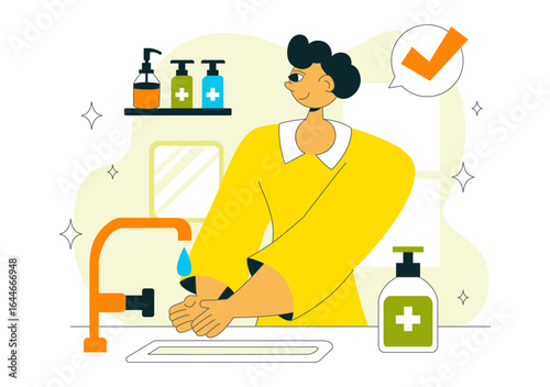 Sanitation Vector Illustration featuring People Cleaning Up Garbage and Disposing of it Properly and Washing Hands with Flat Style Cartoon Background