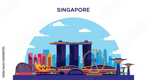 Flat colorful illustration of Singapore city skyline featuring iconic waterfront landmarks, modern skyscrapers, Ferris wheel, and futuristic gardens under a bright blue sky with clouds