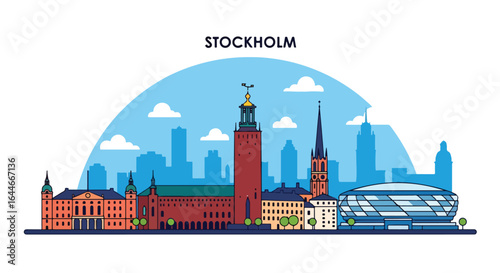 Flat colorful illustration of Stockholm city skyline featuring historic towers, churches, modern arena, and classic waterfront buildings under a bright blue sky with clouds